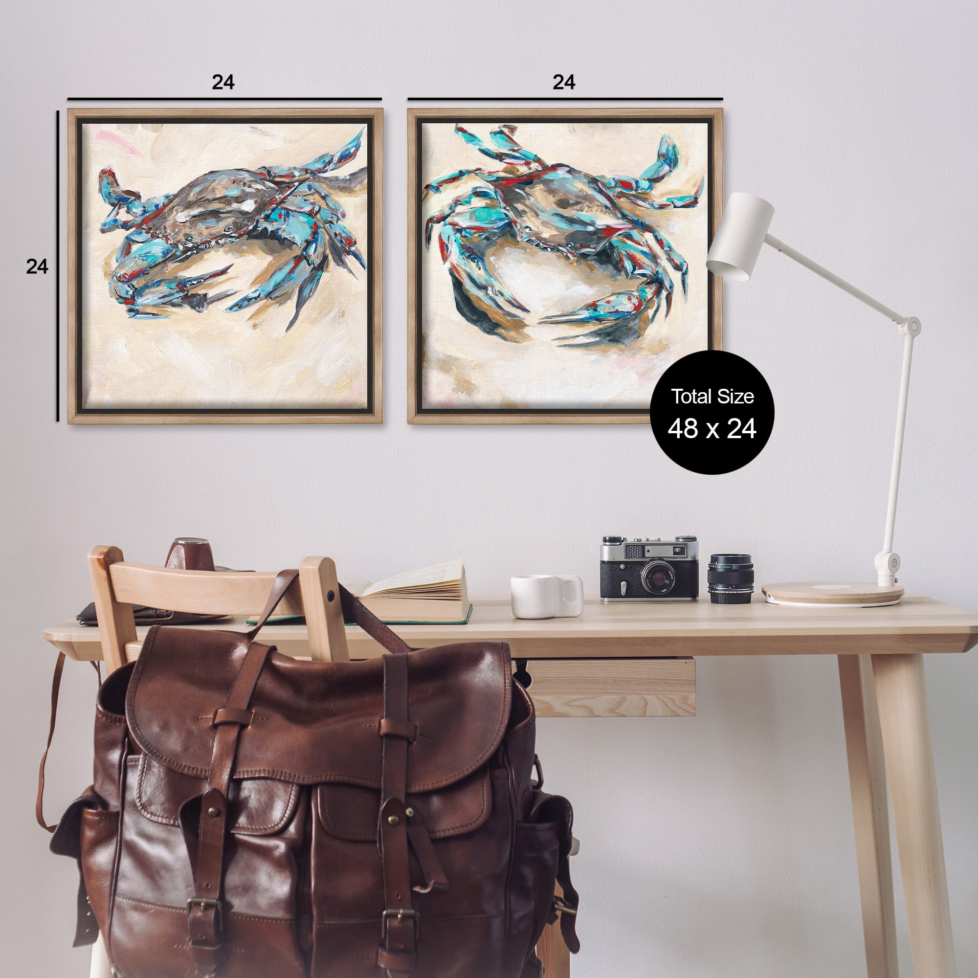 Stupell Industries Blue Crabs on Sand Animals & Insects Painting Brown Floater Framed Canvas Art Print Wall Art, 25 x 25, Set of 2