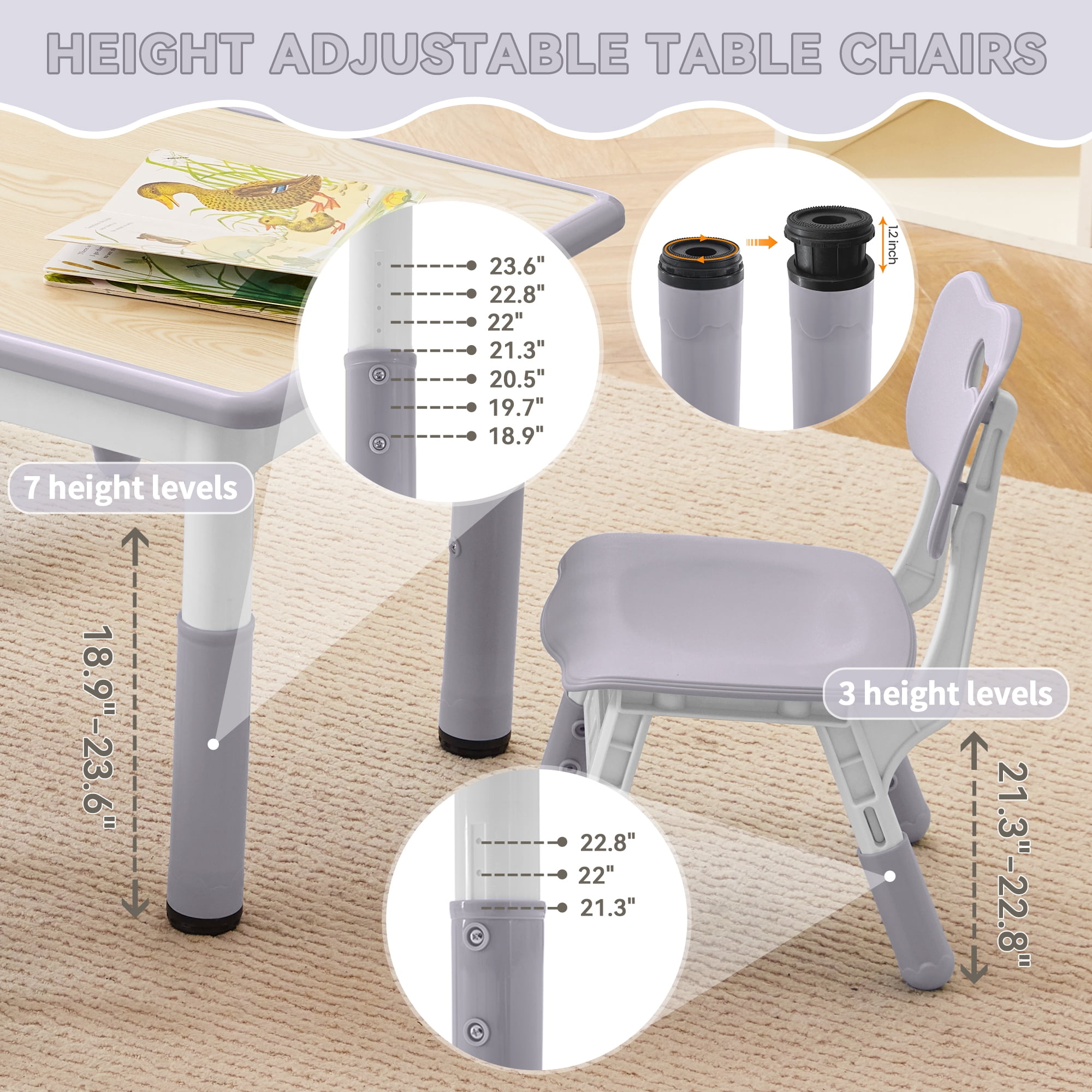 Kids Study Table and Chairs Set, Height Adjustable Toddler Table and Chair Set for Kids Ages 3-8, 31.5" L x 23.6" W Graffiti Desktop Plastic Children Art Table with 4 Seats, Grey