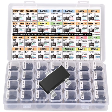 SMD SOT-23 Electronic Components Assortment, Transistors, BJT, MOSFET, Diodes, Schottky, Switching, Voltage Regulator, 28 Types, 1400 pcs
