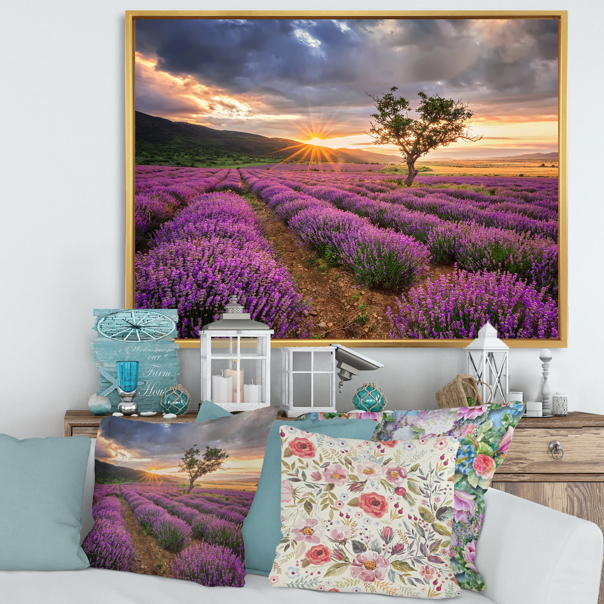 Designart 'Dramatic Clouds and Sunrise Over Lavender Field VIII' Farmhouse Framed Canvas Wall Art Print