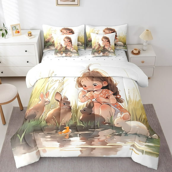YST Kids Rabbit Bedding Twin Size 7pcs Brown White Bunnies Comforter Set,Cute Girls Printed Bedding Comforter Sets Yellow Duck Bed In A Bag Wild Animal Bed Sheets Set Botanical Room Decor