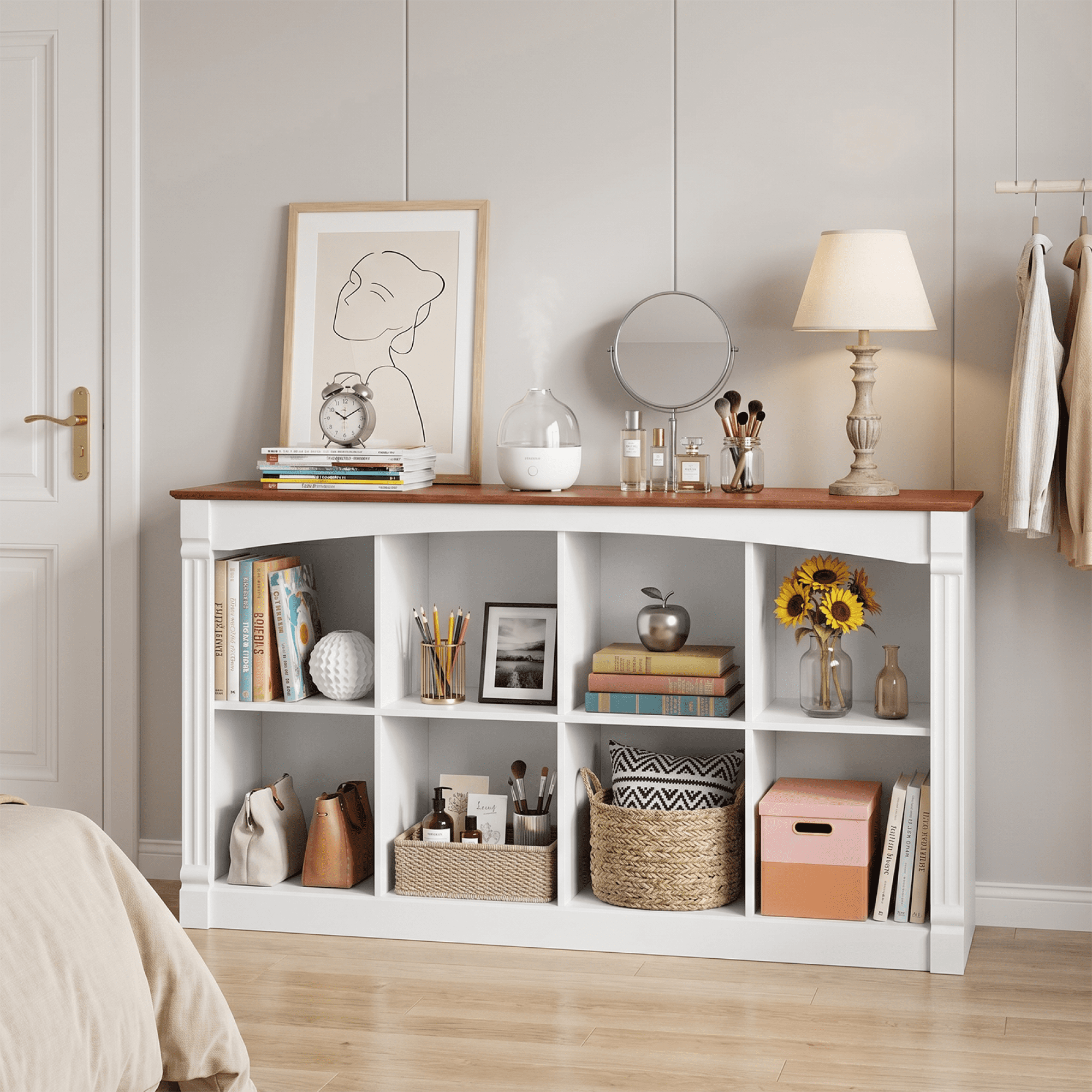 Leumius 8-Cube Storage Organizer, Two-Tone Wood 2-Tier Cube Bookcase with Decorative Moldings, Horizontal Open Cubby Display Shelf Unit, Low Bookshelf Console Table for Living Room, Bedroom, Office