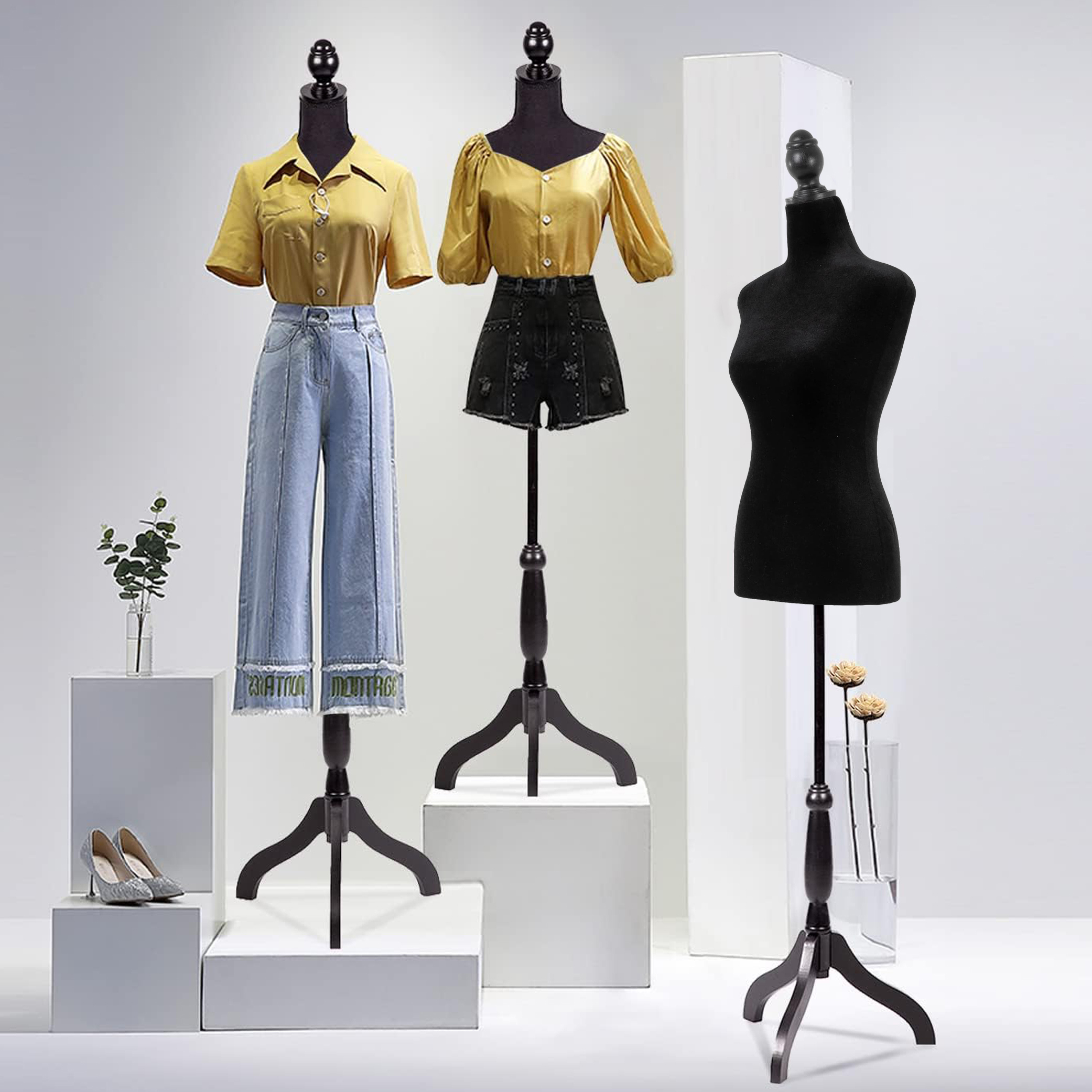 Female Mannequin Dress Form Manikin Body Torso with Wooden Tripod Base Stand Adjustable Height Pinnable Feature for Sewing Dress Jewelry Display, Black