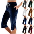 thumbnail image 1 of Pincandy Women's Solid Color Sports Casual Drawstring Elastic Waist Pants with Pockets, Split Hem, 7-Point Length, Casual & Daily Wear, 1 of 7