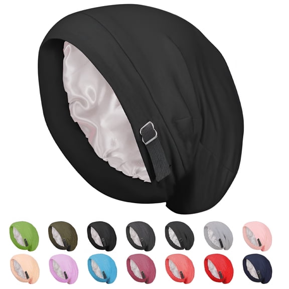 TELOLY Silky Satin Lined Bonnet Sleep Cap Adjustable Stay on All Night Hair Wrap Cover Slouchy Beanie for Curly Protection Women and Men Solid Black