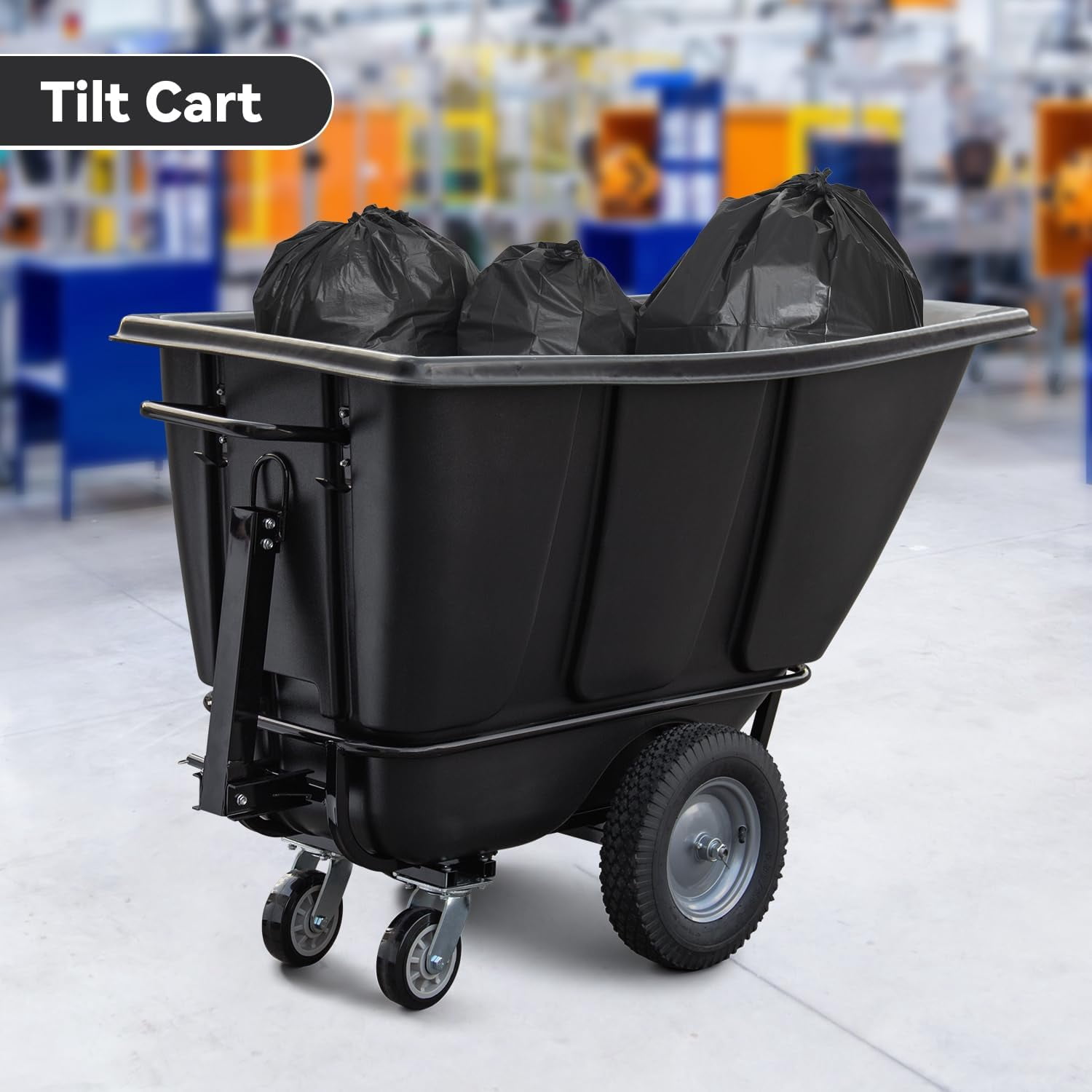 HPDMC 1/2 Cubic Yard Tilt Dump Truck, 1400 lbs Capacity Heavy Duty Trash Cart with 16" Pneumatic Wheels & 6" Swivel Casters, Industrial Garbage Recycling Cart for Construction & Warehouse, Black