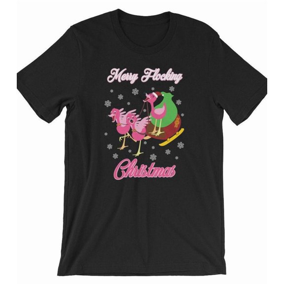 Merry Flocking Christmas Flamingo Graphic Unisex T-Shirt for Funny Holiday Casual up to 5XL