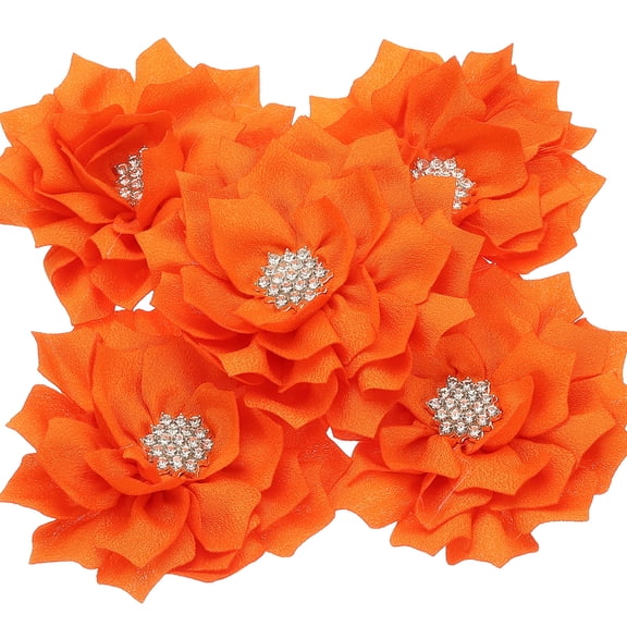 Uxcell 3.5" Chiffon Flowers, 5 Pcs Fabric Flowers Rhinestone Pearl Sewing Fabric Appliques for Crafts Sewing Dresses DIY Clothing Headbands Wedding Party Decoration, Orange