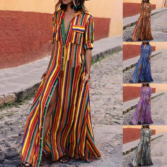 ZZwxWA Womens Fashion Summer Loose Colours Striped Button Pockets Dress