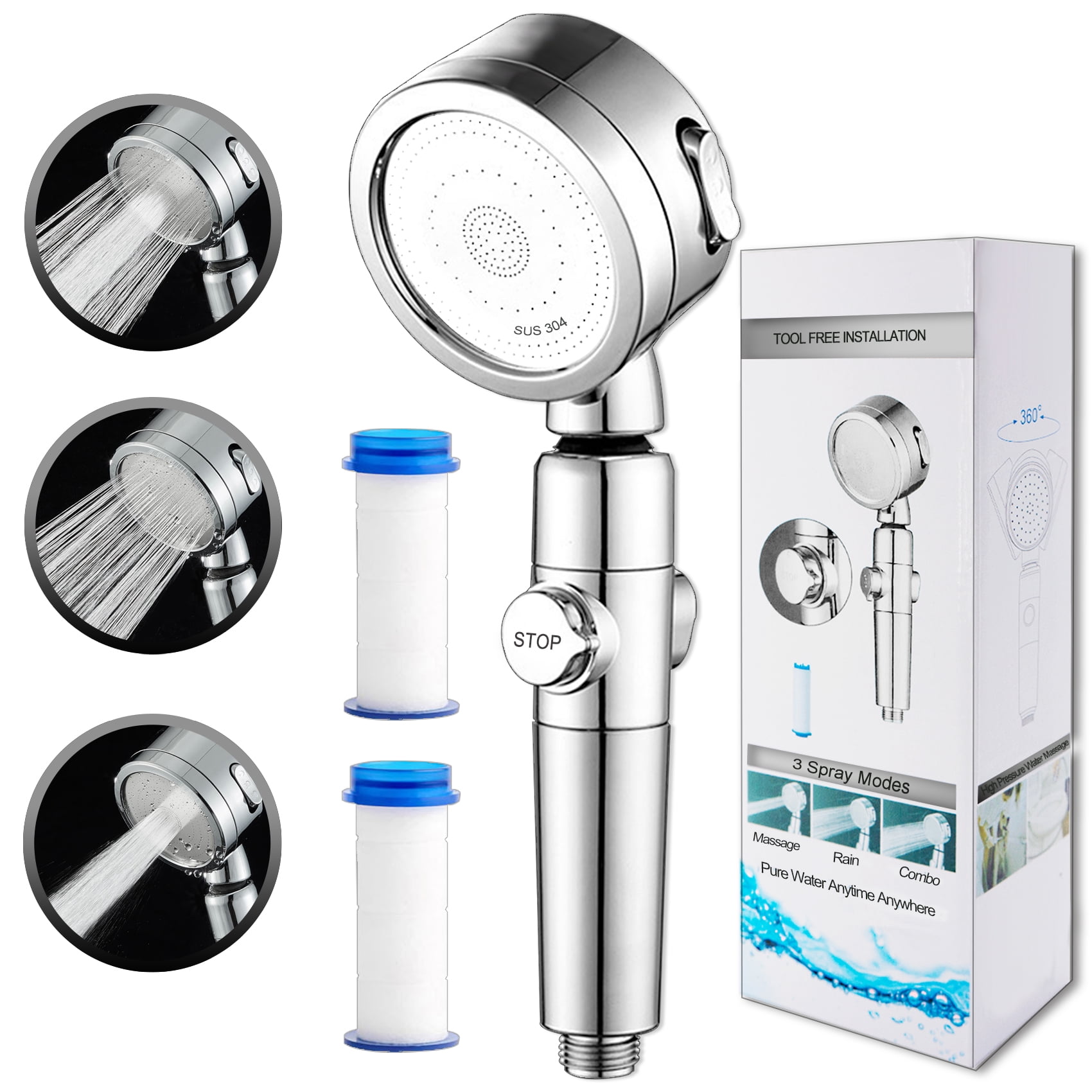 High-Pressure Shower Head Huryfox Handheld 3 Spray Modes Showers with Filter