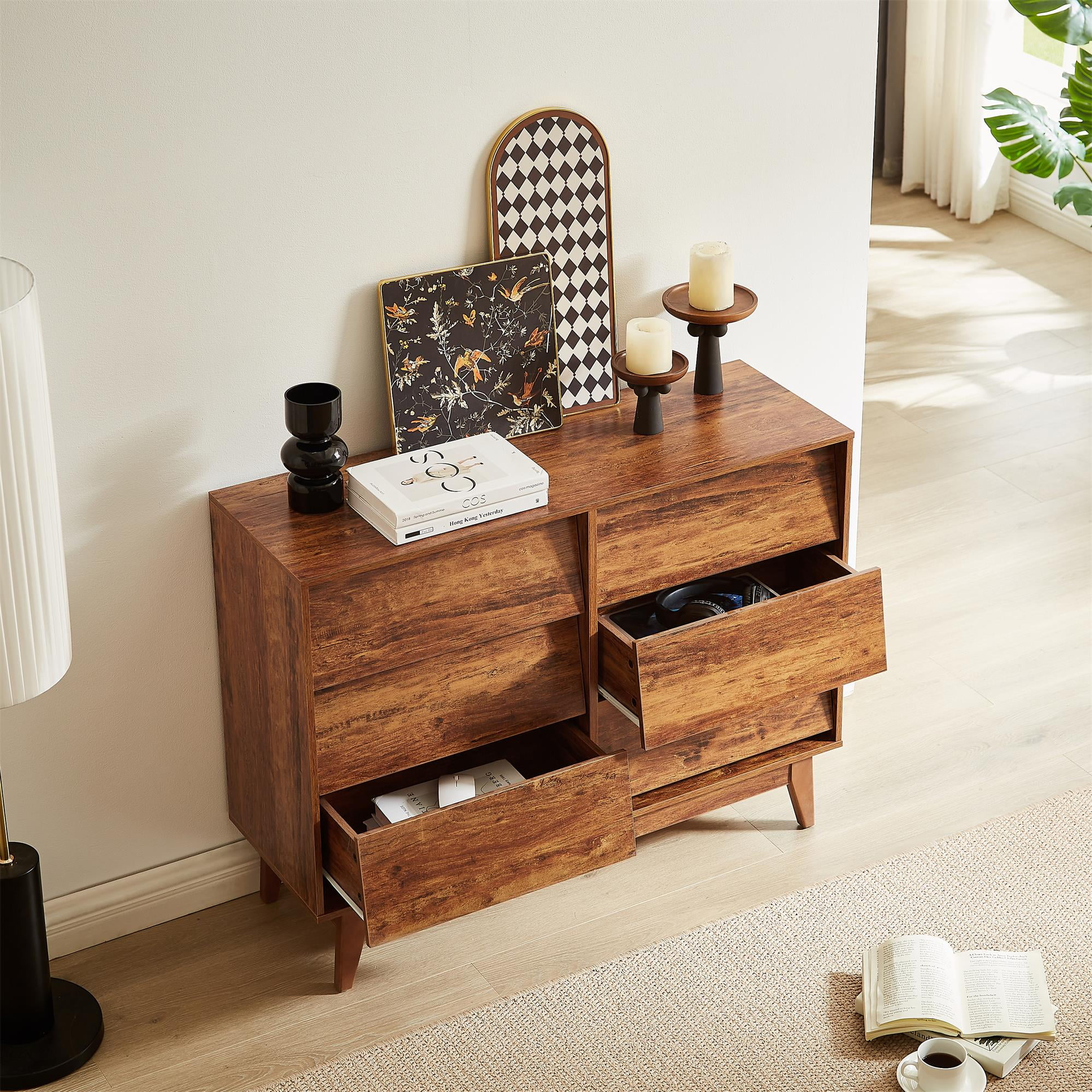 Finihen 6 Drawer Double Dresser Features Vintage-style and Bevel Design, Dresser For Nursery, Kids, Chest Of Drawers, Brown Finihen 6 Drawer Double Dresser Features Vintage-style and Bevel Design, Dresser For Nursery, Kids, Chest Of Drawers, Brown