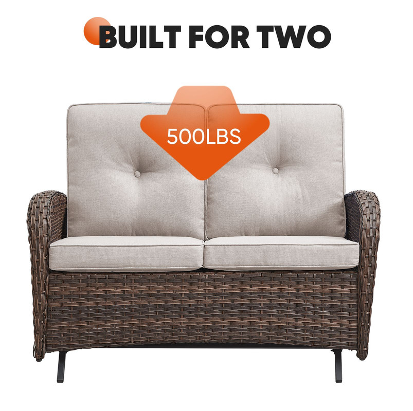 PARKWELL 5 Pieces Outdoor Patio Furniture Set with Fire Pit Table,All Weather Wicker Cushioned Swivel Chairs,Loveseat Glider for Garden Lawn Balcony Porch Deck,Brown/Beige