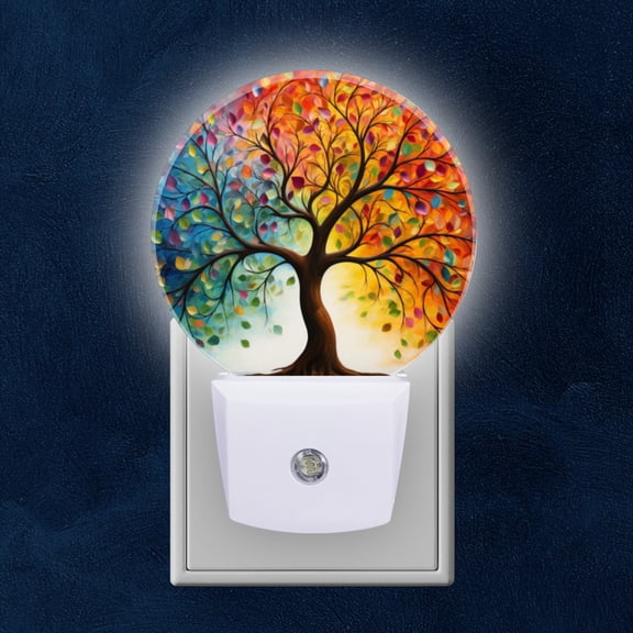Round LED Night Lights Lamp with Dusk to Dawn Sensor, Colorful Tree Of Life With Leaves In The Style Of Painting Night Light Plug Into Wall for Kids Room, Bedroom, Bathroom, Kitchen, Hallway