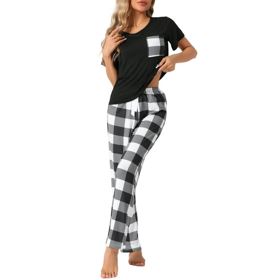 INSPIRE CHIC Women's Plaid Loungewear Pjs Soft Sleepwear Short Sleeve with Pants Pajama Sets