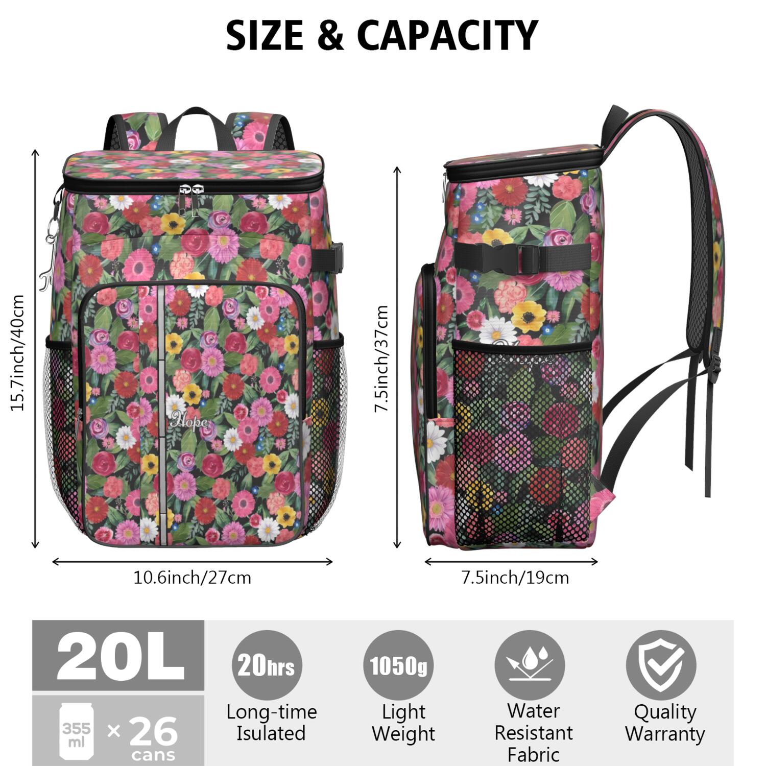 Travel Cooler Bag - Pioneer Flower Floral Print Pattern Camping Beer Cooler Backpack with Bottle Opener- Waterproof Insulated Picnic Backpacks - Cooler Bag for Beach