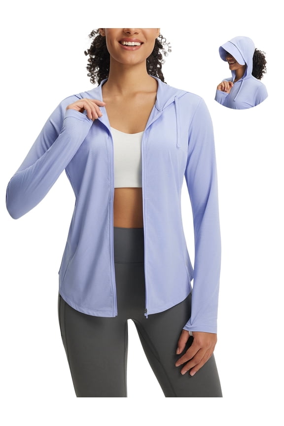 Women's Sun Jacket with Removable Brim UPF 50+ Lightweight UV SPF Shirts Long Sleeve Full Zip Up Hoodie Outdoor Hiking Light Blue M