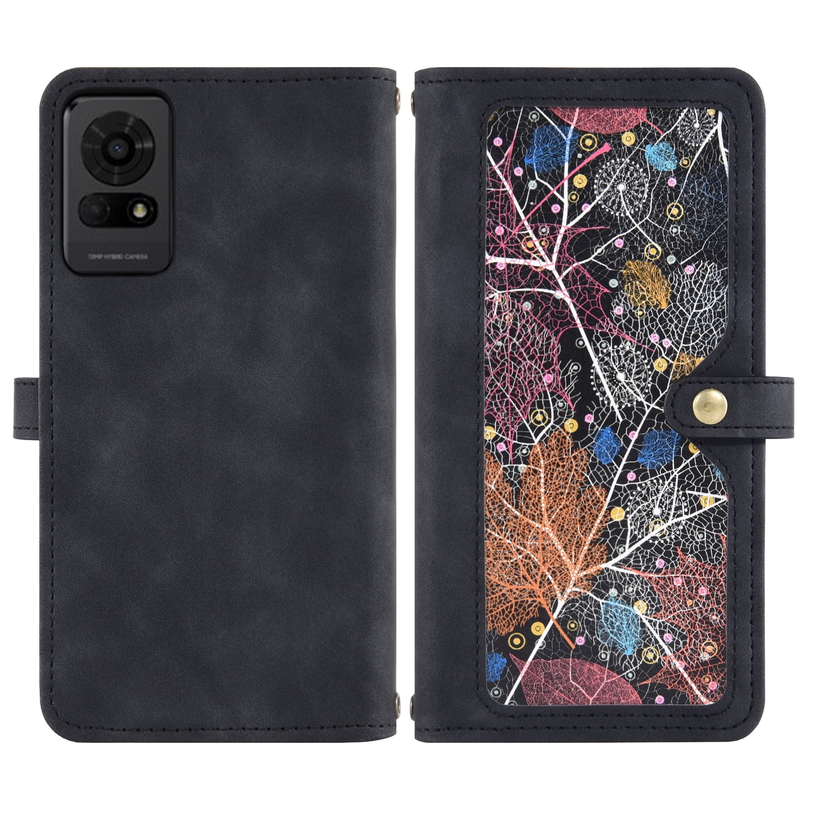 Asuwish Phone Case for TCL 50 LE/K23/K24 Wallet Cover With Tempered Glass Screen Protector Crossbody Wrist Strap Flip Pattern Zipper Card Holder Cell TLC 50LE/K 24 T434D/23 T434W TCL50LE T510SP Black