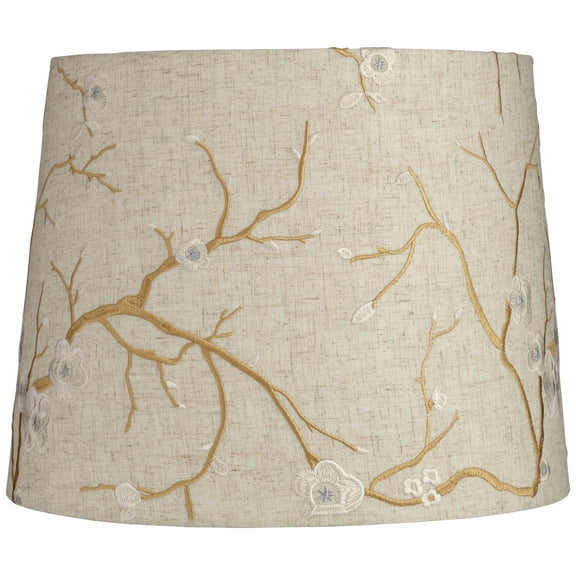 Springcrest Beige Plum Flower Embroidery Medium Drum Lamp Shade 12" Top x 14" Bottom x 11" Slant (Spider) Replacement with Harp and Finial