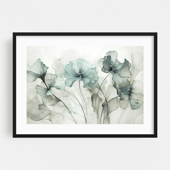 Ethereal Moody Flower Fantasies Teal - Painting Floral Flowers Botanical Minimalist Modern Art Pastel Abstract Black Framed Wall Art Print 16 x 24 inches