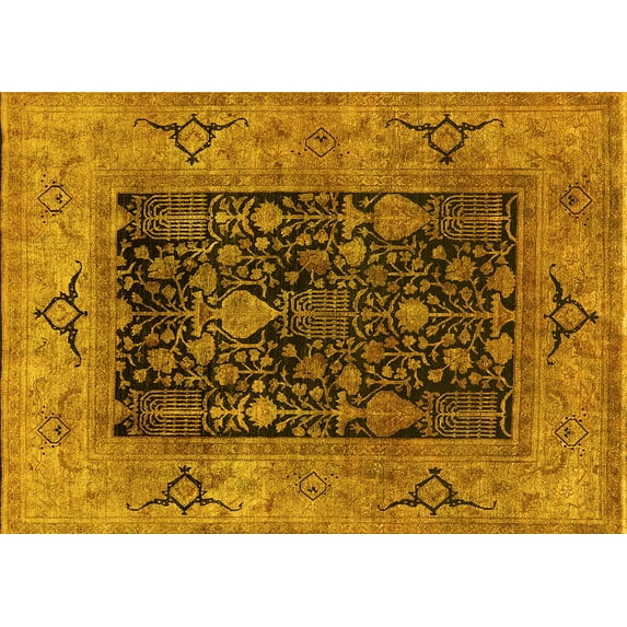 Ahgly Company Machine Washable Indoor Rectangle Oriental Yellow Industrial Area Rugs, 7' x 9'