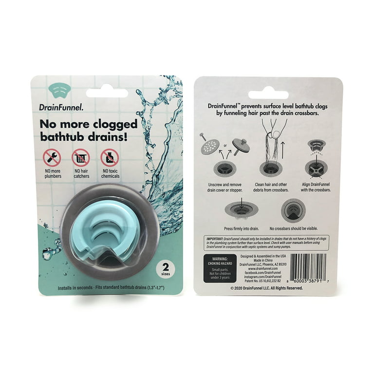 DrainFunnel Bathtub Drain Funnel For Hair Clog Prevention, Aqua, 2 Size  Pack 