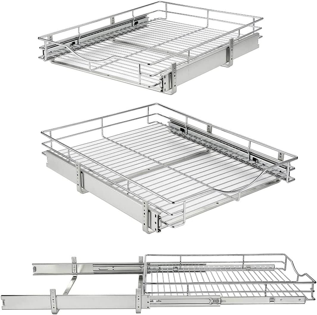 1 Tier Pull Out Cabinet Organizer (14" W x 18" D) Heavy-Duty Metal Sliding Drawer Shelf, Slide Out Wire Basket for Kitchen Cabinets, Pantry, Bathroom, Chrome Finish…