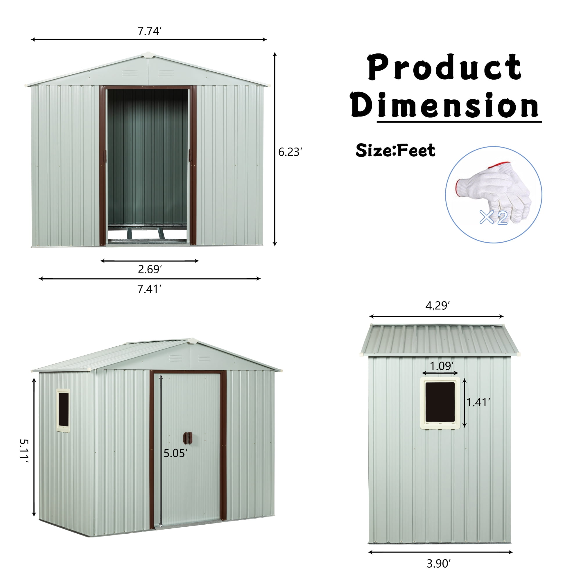 AENKYO 8ft x 4ft Outdoor Storage Shed,Galvanized Steel Storage Cabinet with Lockable Door for Backyard, Patio, Lawn-White