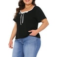 thumbnail image 4 of Agnes Orinda Women's Plus Size Tops Contrast Trim Tie Knot Square Neck Short Sleeve T-Shirts Casual Blouses 1X Black, 4 of 6