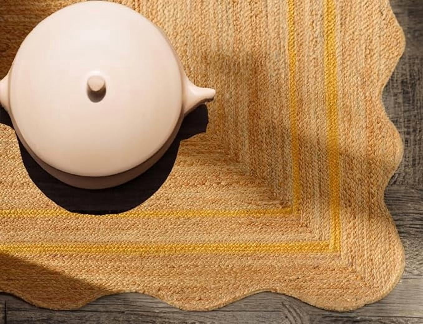 2x3 Ft Yellow Border Jute Premium Scalloped Jute Rug – Handcrafted Natural Braided Carpet for Living Room, Bedroom, Entryway – Boho Home Decor