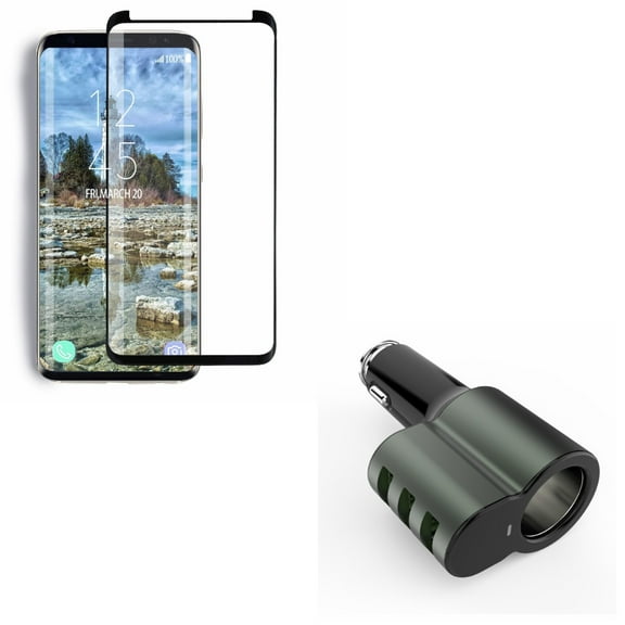 Compatible With Samsung Galaxy S9 - Tempered Glass Screen Protector 5D Touch w 25W Car DC Socket Charger Three USB 5.1Amp