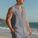 thumbnail image 4 of Camiseta sin mangas con cuello vuelto para hombre, de lino, de color liso, informal, sin mangas, con botones y bolsillos, de poliéster, para verano, 4 of 9