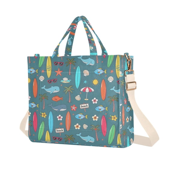 FORMRS Womens Corduroy Tote Bag Crossbody Shoulder Purse Handbag with Detachable Strap, Cartoon Beach Pattern