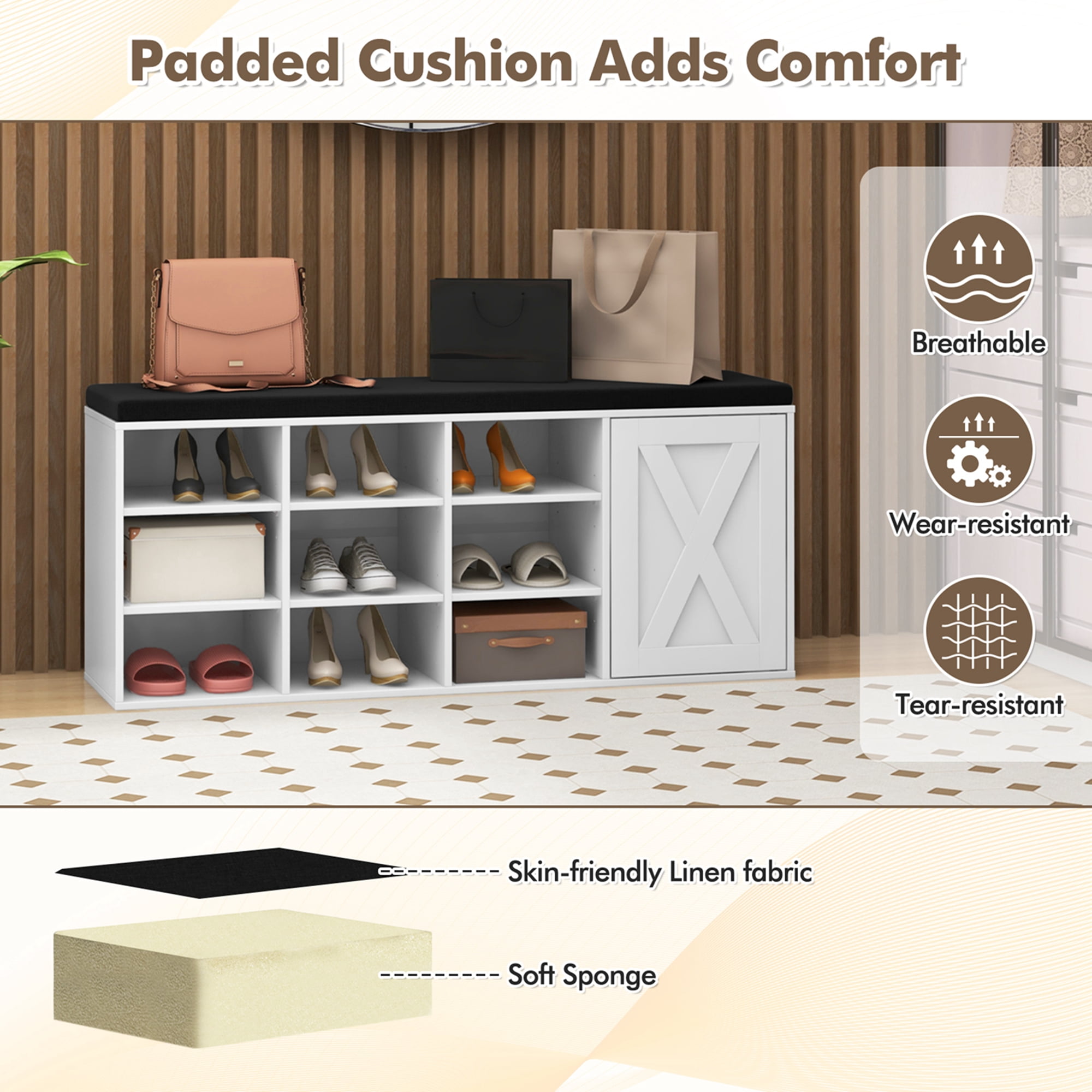Costway 9-Compartment Adjustable Storage Shoe Rack with Padded Cushion, White