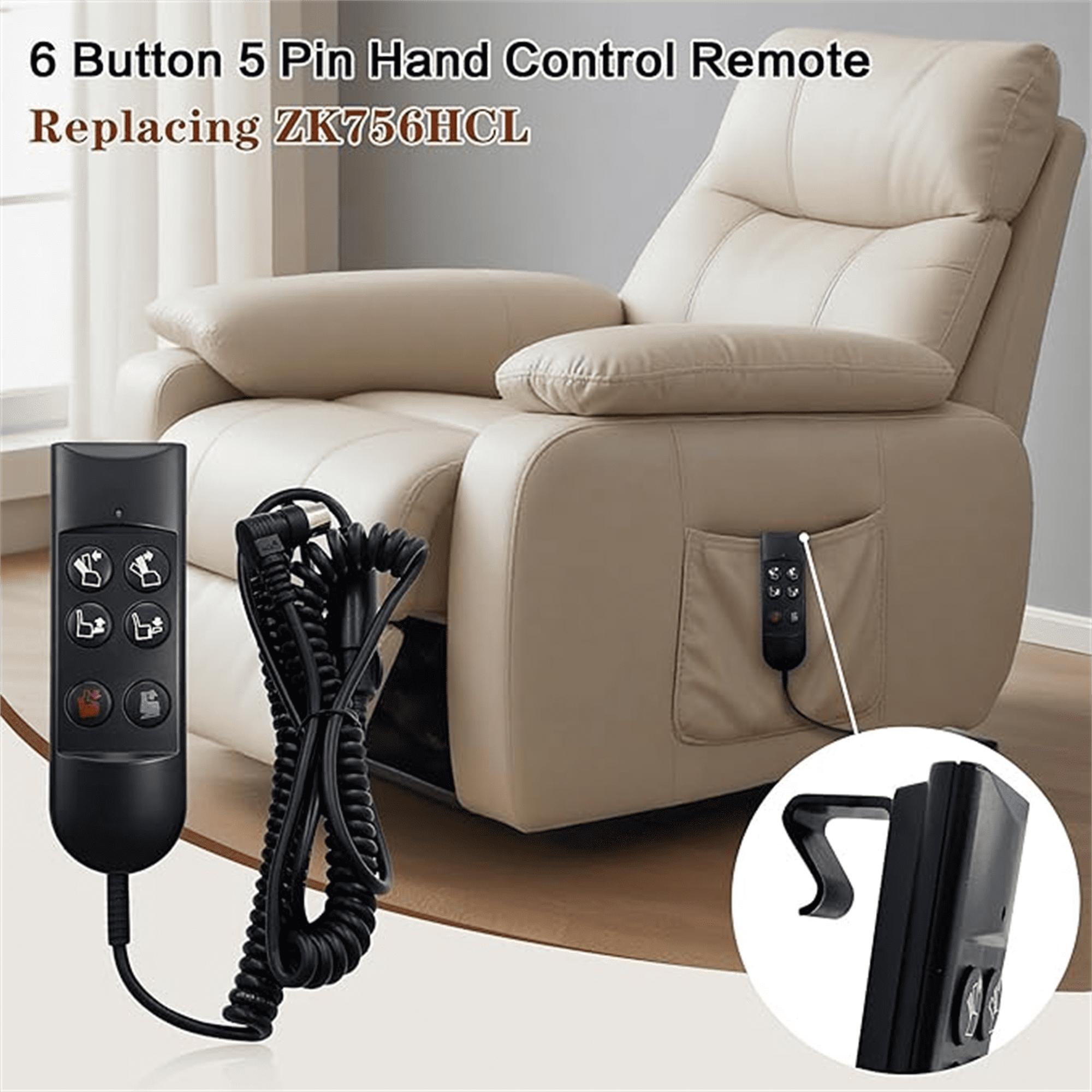 6 Button 5 Pin Hand Control Remote Replacing ZK756HCL Replacement for Power Recliner Lift chairs