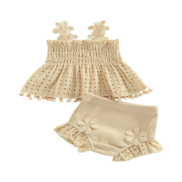 Infant Baby Girls Summer Outfit Solid Color Cutout Pleated Tank Tops and Stretch Casual Ruffle Shorts Set