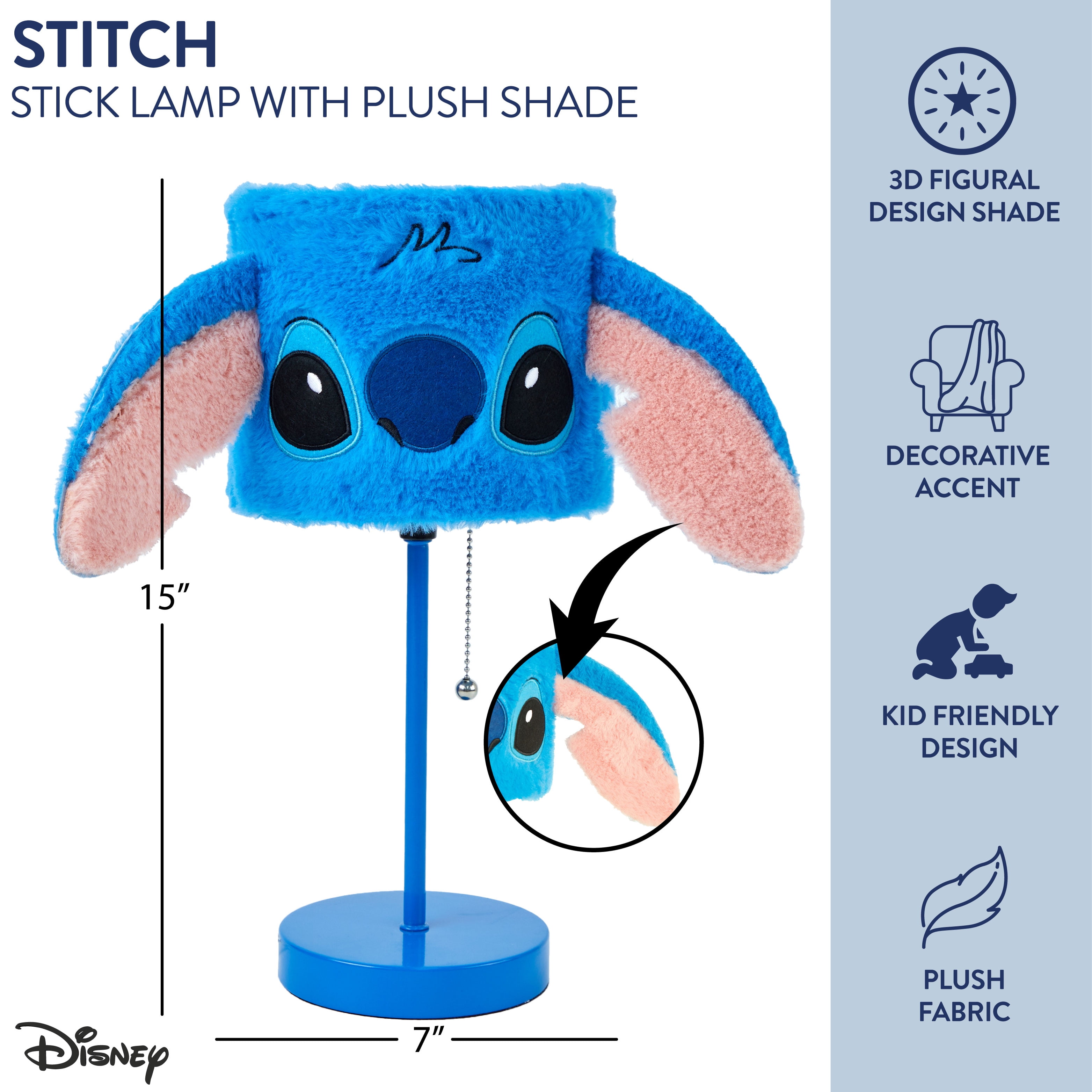 Disney Stitch Plush Shade Stick Lamp, Blue, 15 H x 7 W 
