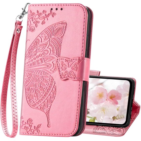 for Galaxy A15 5G Phone Case Wallet,Women Flip Cover with Credit Card Holders Butterfly Embossed PU Leather Stand Wrist Strap Purse Case for Samsung A15 5G (Pink)