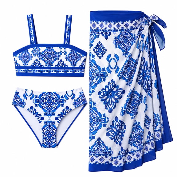 Girls 3-Piece Floral Swimwear Set with Long Cover Up Skirt - Elegant Blue Bikini Swimsuit for Beach, Pool Parties & Swim Lessons Size 12Y