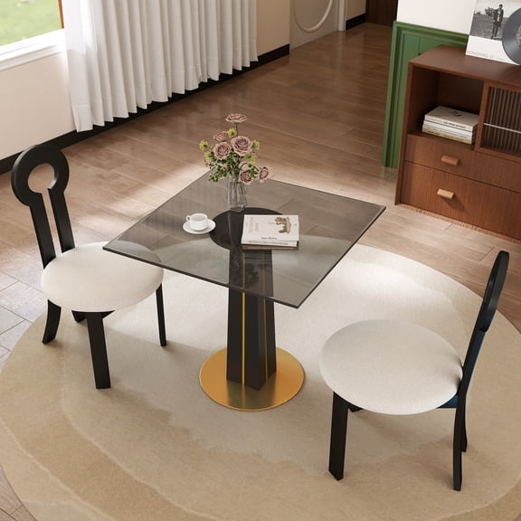 Pinovk Modern Round Negotiation Table - 85cm Black Tempered Glass Top, Black Wooden Legs with Golden Metal Base(Only the Negotiation Table)