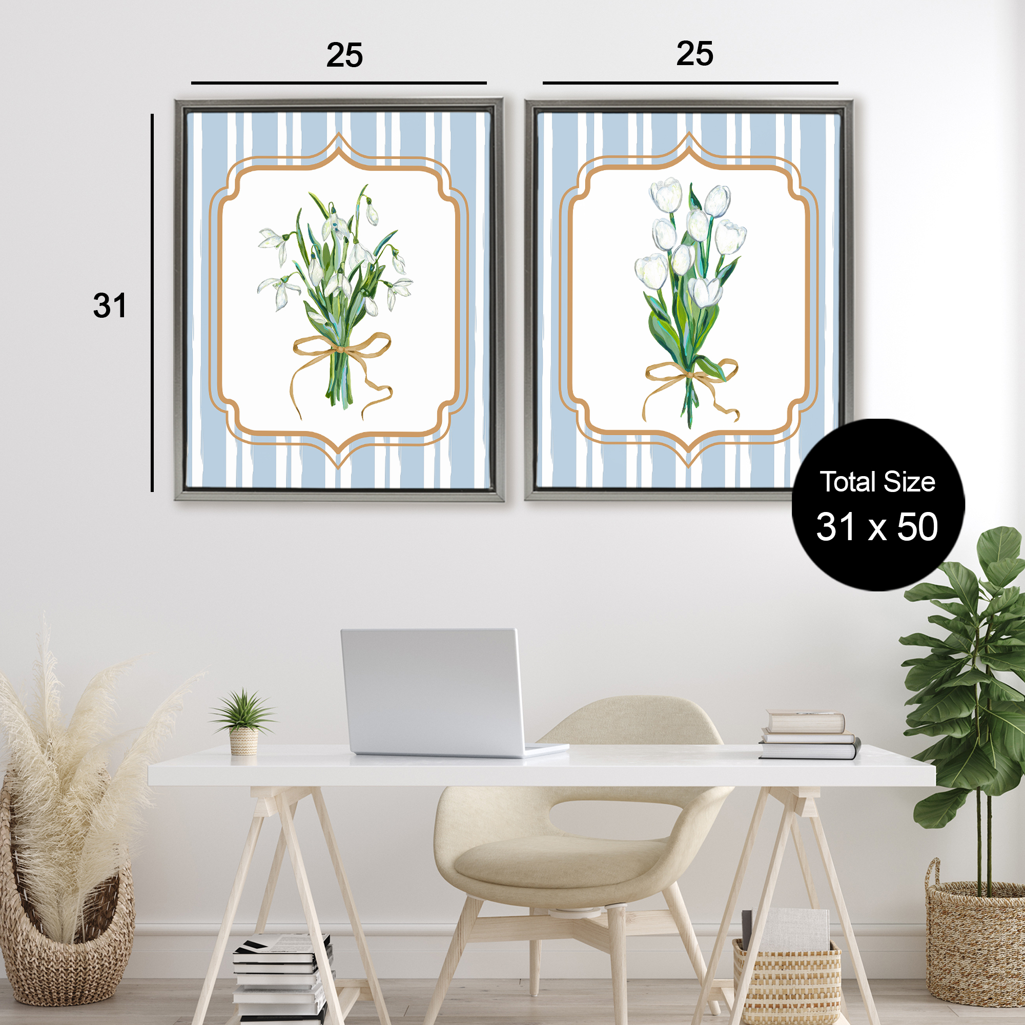 White Flowers Classic Stripes 2 Piece Gray Framed Floater Canvas Set, design by Adonna Ebrahimi