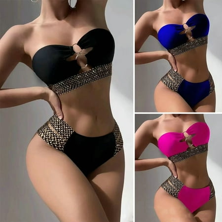 Pink Season 2Pcs/Set Ring Connection Off Shoulder Bikini Set Bandeau Bra High Waist Briefs Swimwear Beachwear