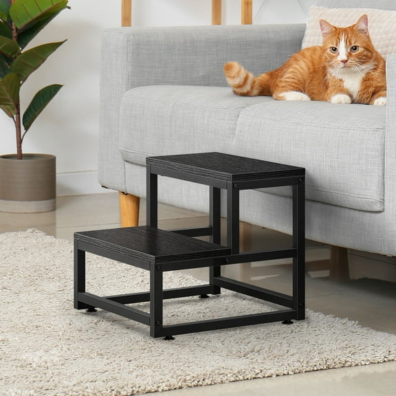 2 Step Stool Black Heavy-Duty Iron Frame Natural Wood for High Beds Kitchen Bedroom Bathroom