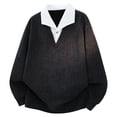 thumbnail image 7 of TOUMENY Men Sweater Ribbed Collared Long Sleeve Solid Casual Basic Oversized V Neck Tops Fall Winter Faux Two-Piece Layered Pullover Black XL, 7 of 7