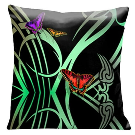 Lama Kasso 12 Butterflies with Green Art Deco Accents on a Black Background 18 in. Square Satin Pillow