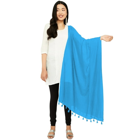 eloria Women's Cotton Dupatta With Tassel Long Stole Scarves Ethenic Chunni Stole Color: Blue