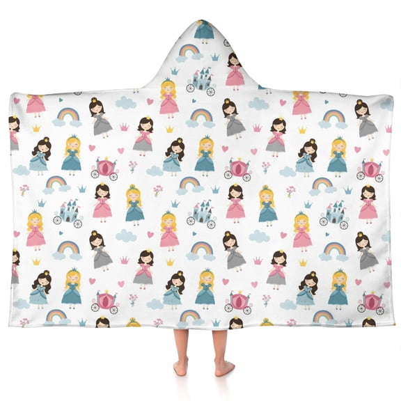 Princess Carriage Castle Pattern Hooded Bath Towel，50"x30" for Ages 3 To 12 Kids, Quick Dry Lightweight Soft Microfiber Hood Beach Towel Cover Up for Kids