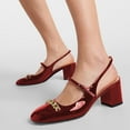 thumbnail image 2 of FSJ Women Stylish Block Chunky Mid Heels Slingback Pumps Square Closed Toe Slip On Metal Chain Office Dressy Shoes Size 5 Red, 2 of 4