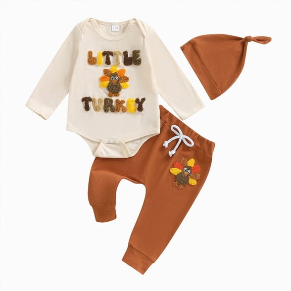 Xudanell My First Thanksgiving Baby Boy Outfit Infant Little Turkey Hat Bodysuit Pants Newborn 1st Thanksgiving Outfits(Khaki, 3-6 Months)