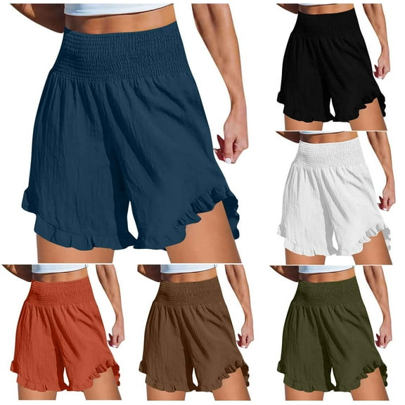 GERsome Summer Shorts for Women Casual Solid Color Ruffle Shorts Jogger Athletic Elastic Waist Shorts Spring Beach Vacation Shorts with Pockets S-2XL