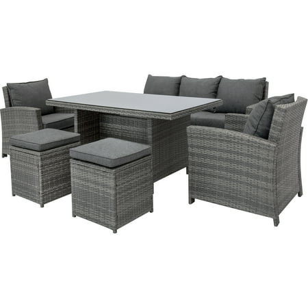 Outdoor Dining Patio Furniture Best Choice Products 6-Piece Modular Patio Wicker Dining Sofa Set, Weather-Resistant Outdoor Living Furniture w/ 7 Seats, Cushions - Gray ()